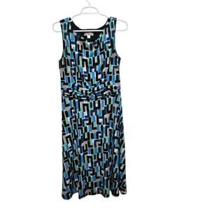 DressBarn Geometric Print Ruched Midi Dress Size 12 Blue Black